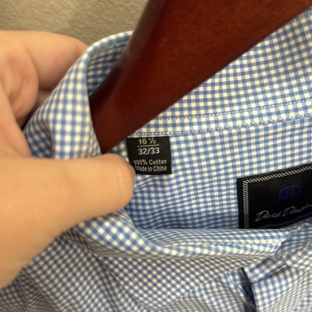 Men's David Donahue Blue Gingham Plaid Collared Dress Shirt. Size 16.5 - 32/33 - Picture 4 of 6